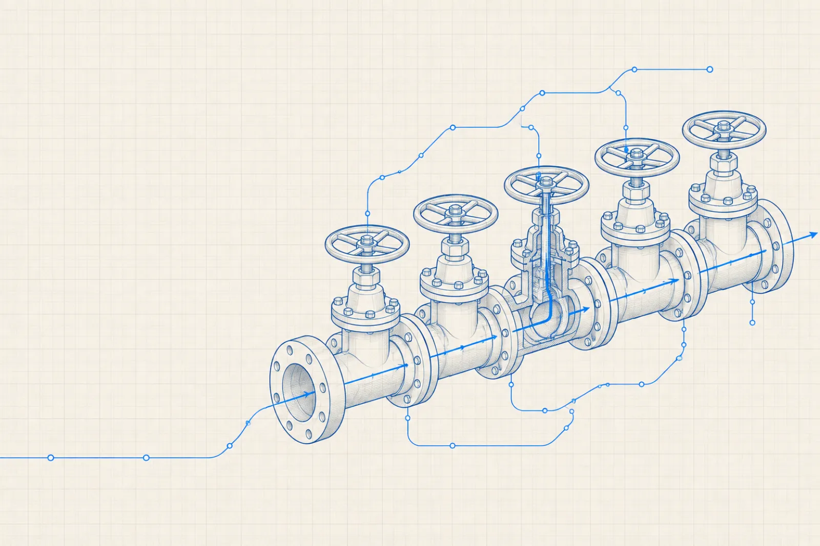 Blueprint of five hand-wheel valves on a single pipe run, each tapped by a routed control line