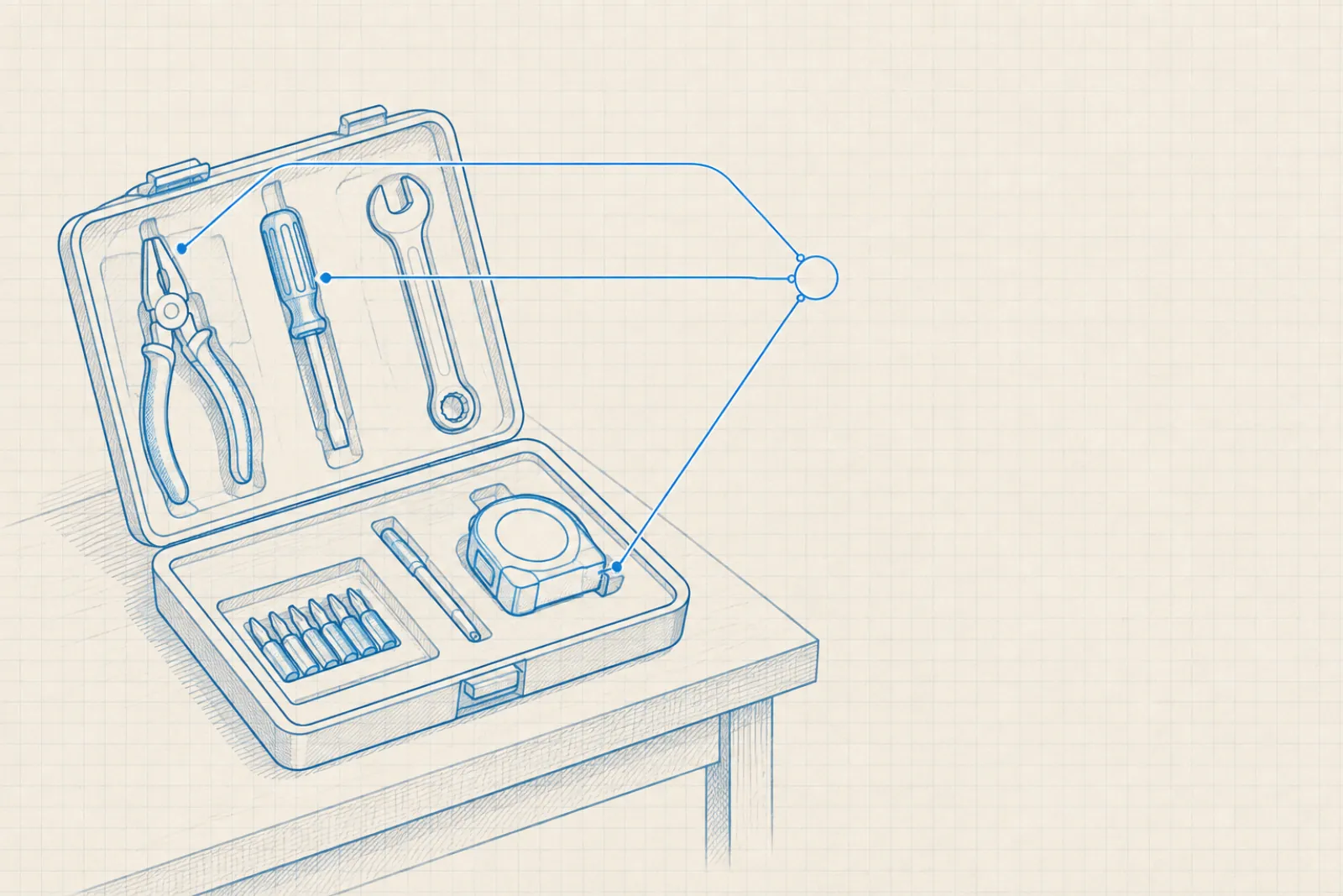 Blueprint of an open tool case on a workbench holding pliers, a screwdriver, a spanner and a tape measure, with one routed line leaving it