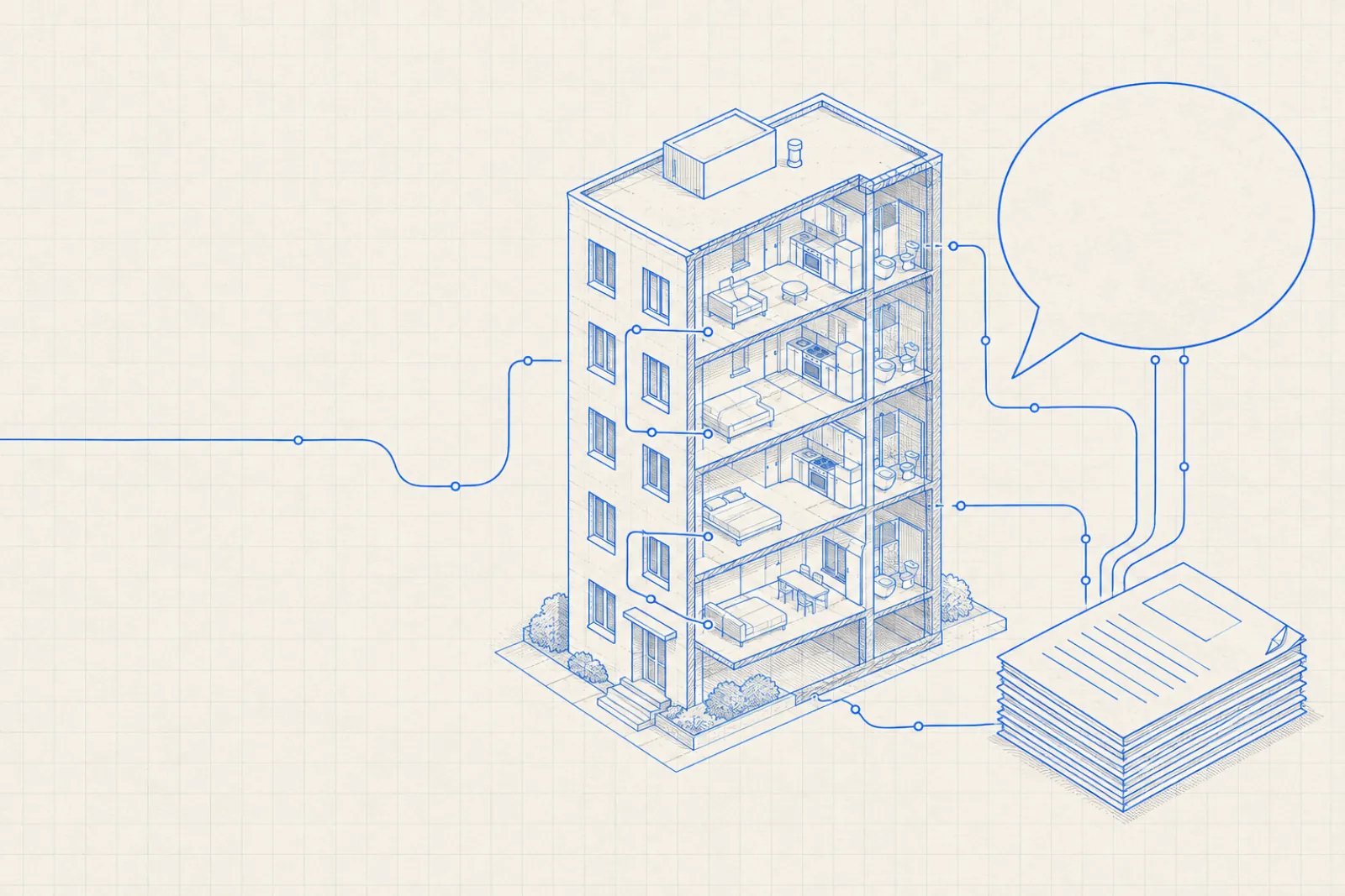 Blueprint drawing of a cutaway apartment building joined by routing lines to a speech bubble and a stack of lease documents