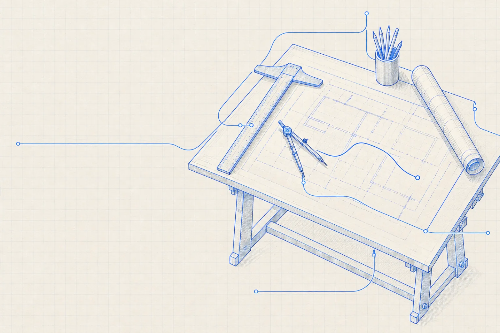 Blueprint drawing of a drafting table with a T-square, compass, rolled plan and pencils