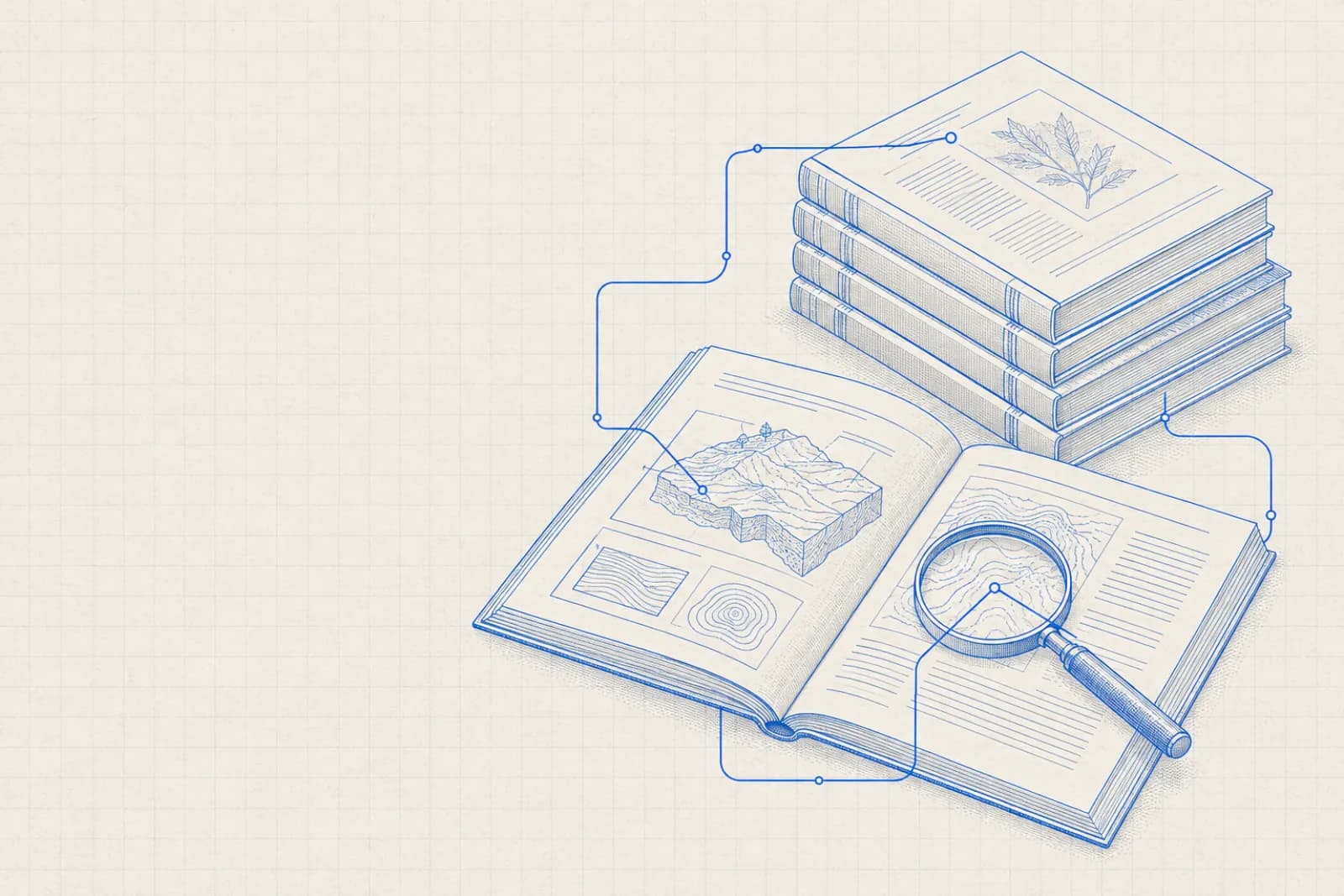 Blueprint drawing of a stack of journals, one open to a diagram page, with a magnifying glass