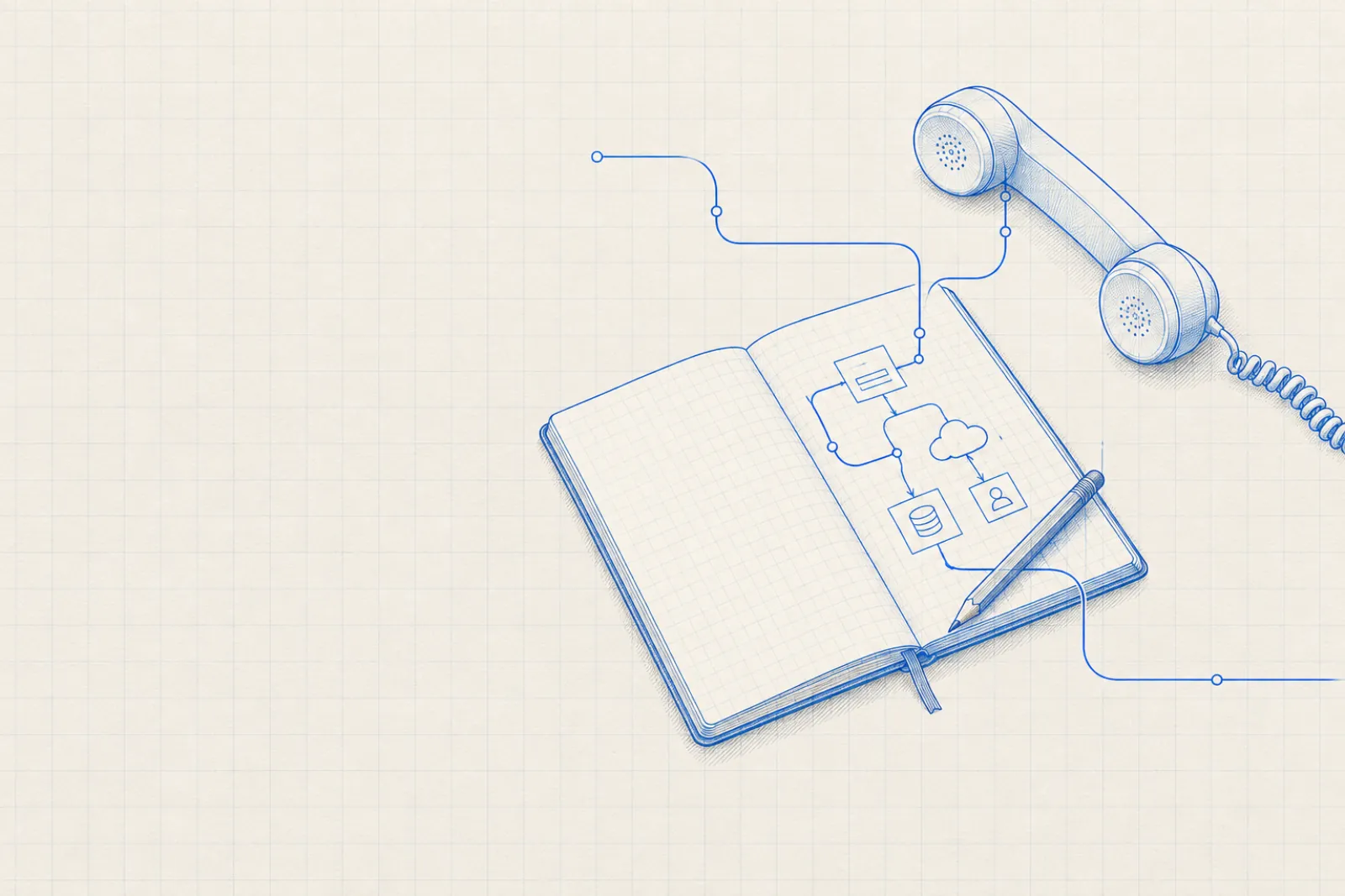 Blueprint drawing of an open notebook with a sketched system diagram and a telephone handset