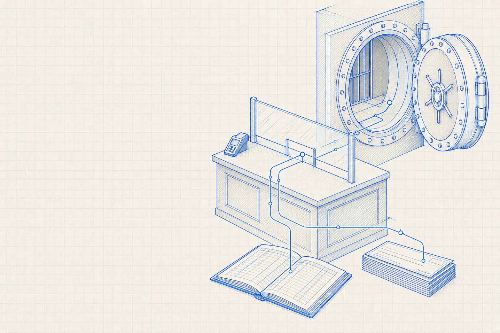 Blueprint of an open bank vault door beside a teller counter with a card terminal, an open ledger and a stack of cheques