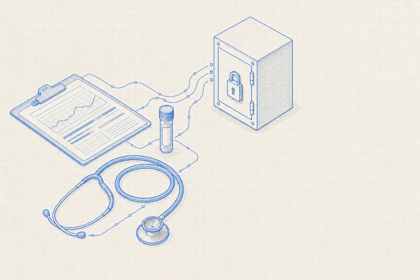Blueprint of a clipboard chart, a specimen vial and a stethoscope routed into a locked cabinet