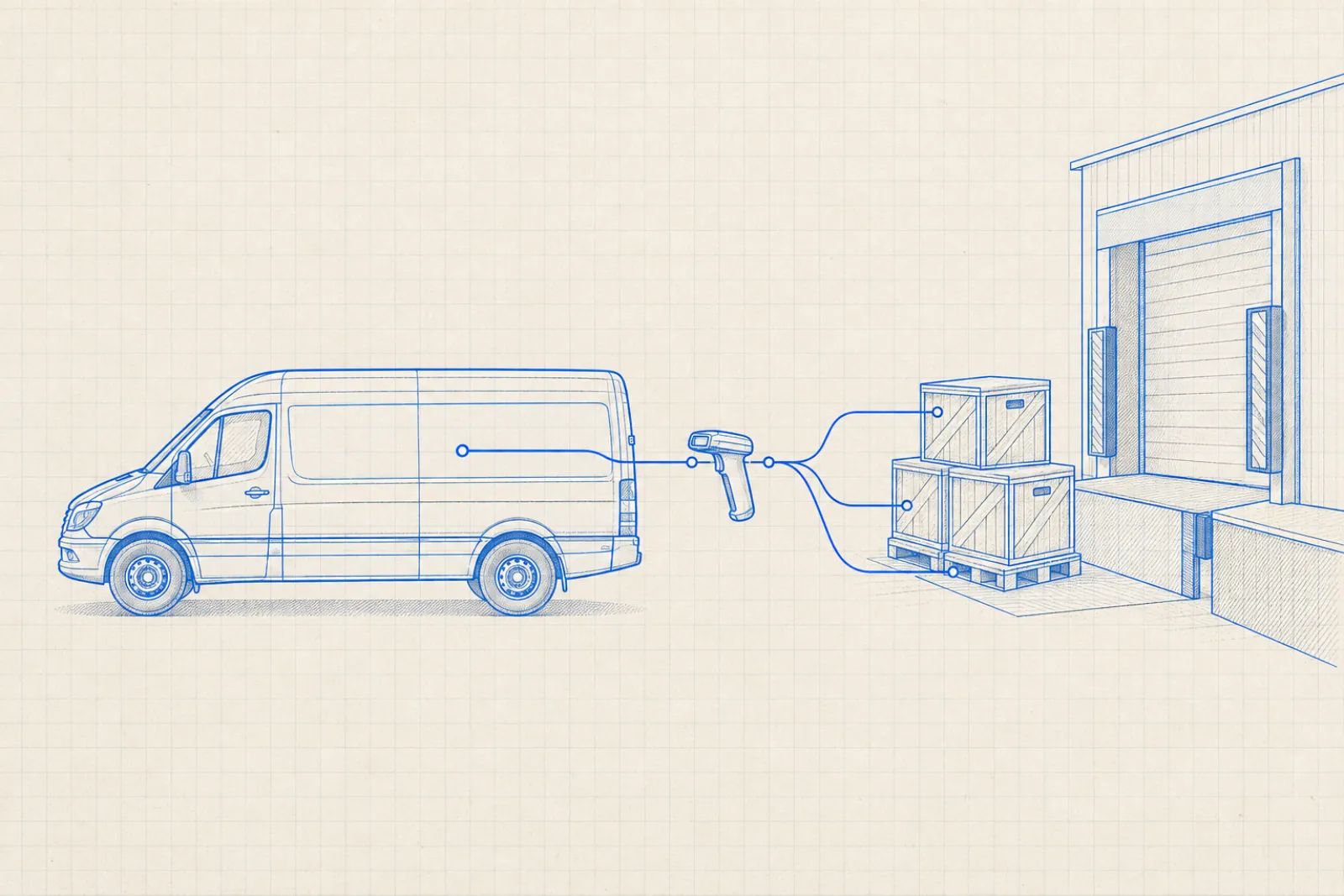 Blueprint of a delivery van linked by a handheld scanner to pallets at a warehouse loading dock