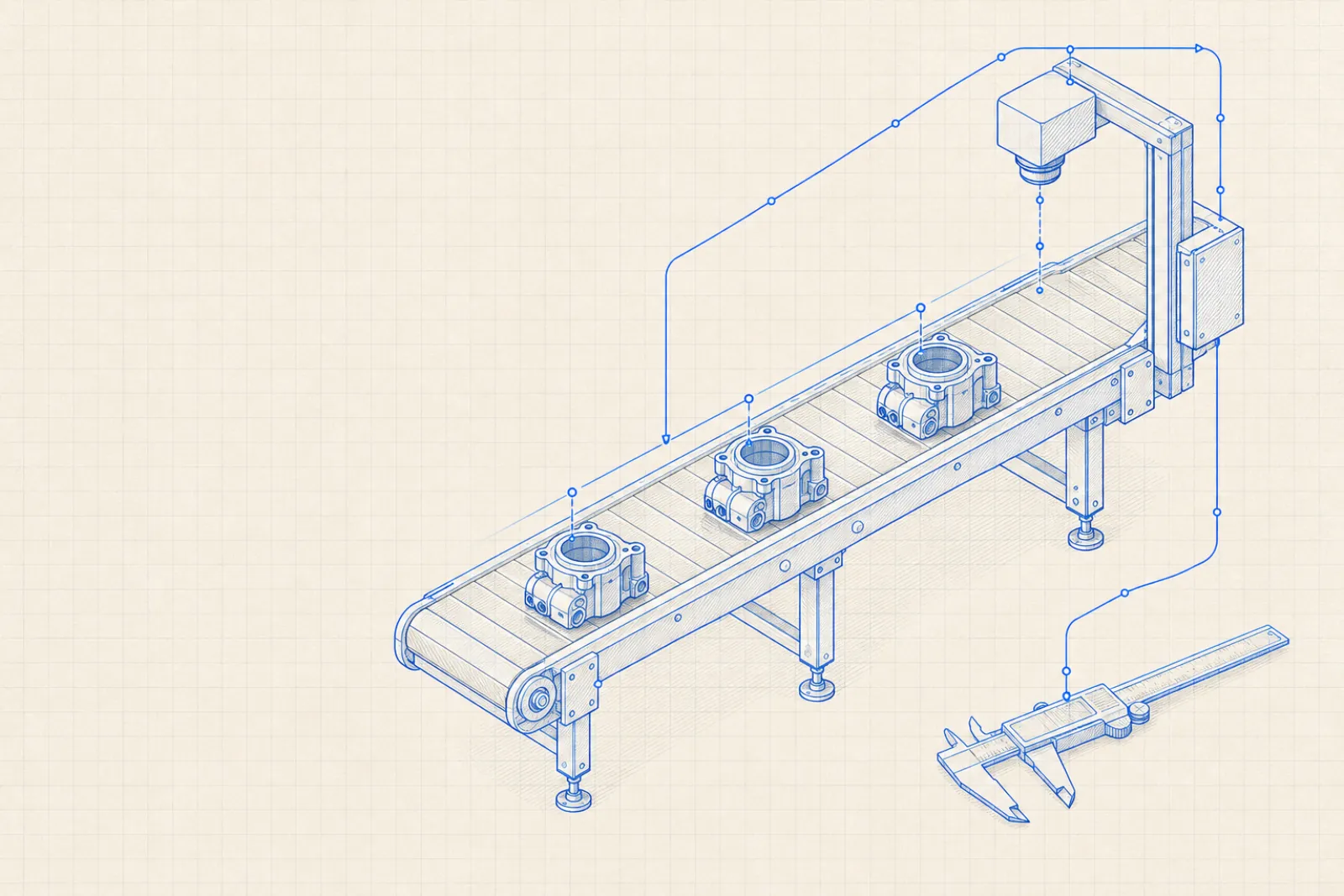 Blueprint of a conveyor line carrying parts past an overhead inspection camera, with a caliper alongside