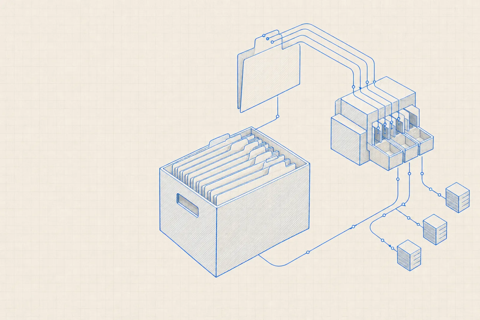 Blueprint of a document file box full of folders, wired to stacked record blocks and a sorting tray