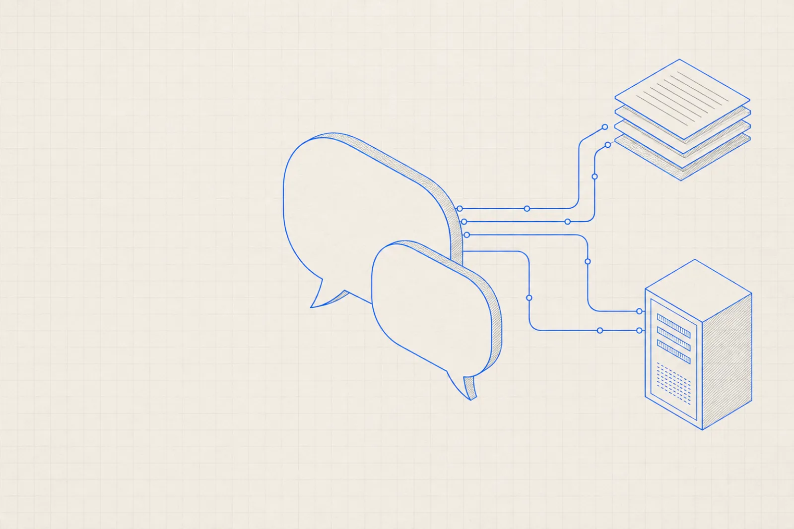 Blueprint of two overlapping speech bubbles wired by routed lines to a stack of documents and a server cabinet