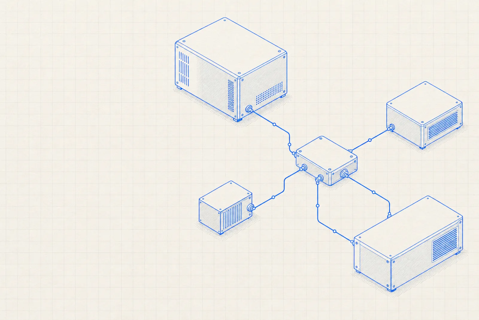 Blueprint of four machine housings cabled into one central junction box