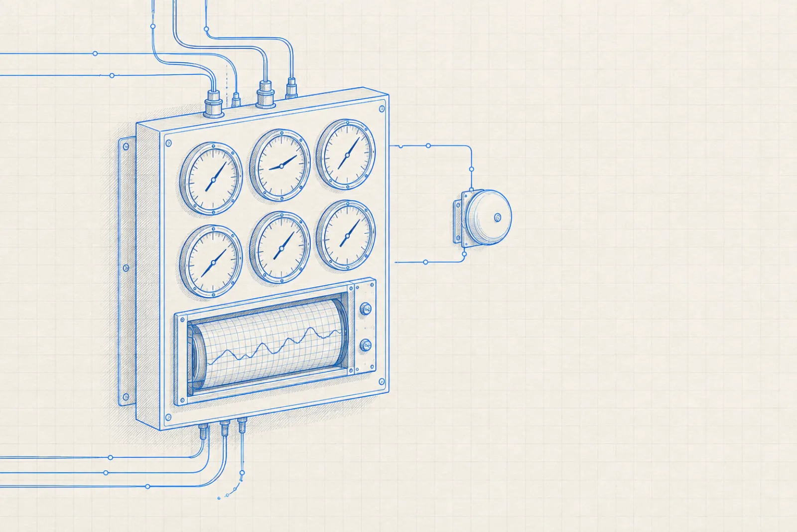Blueprint of a wall-mounted instrument panel with six dials, a chart recorder and an alarm bell, cabled in from below