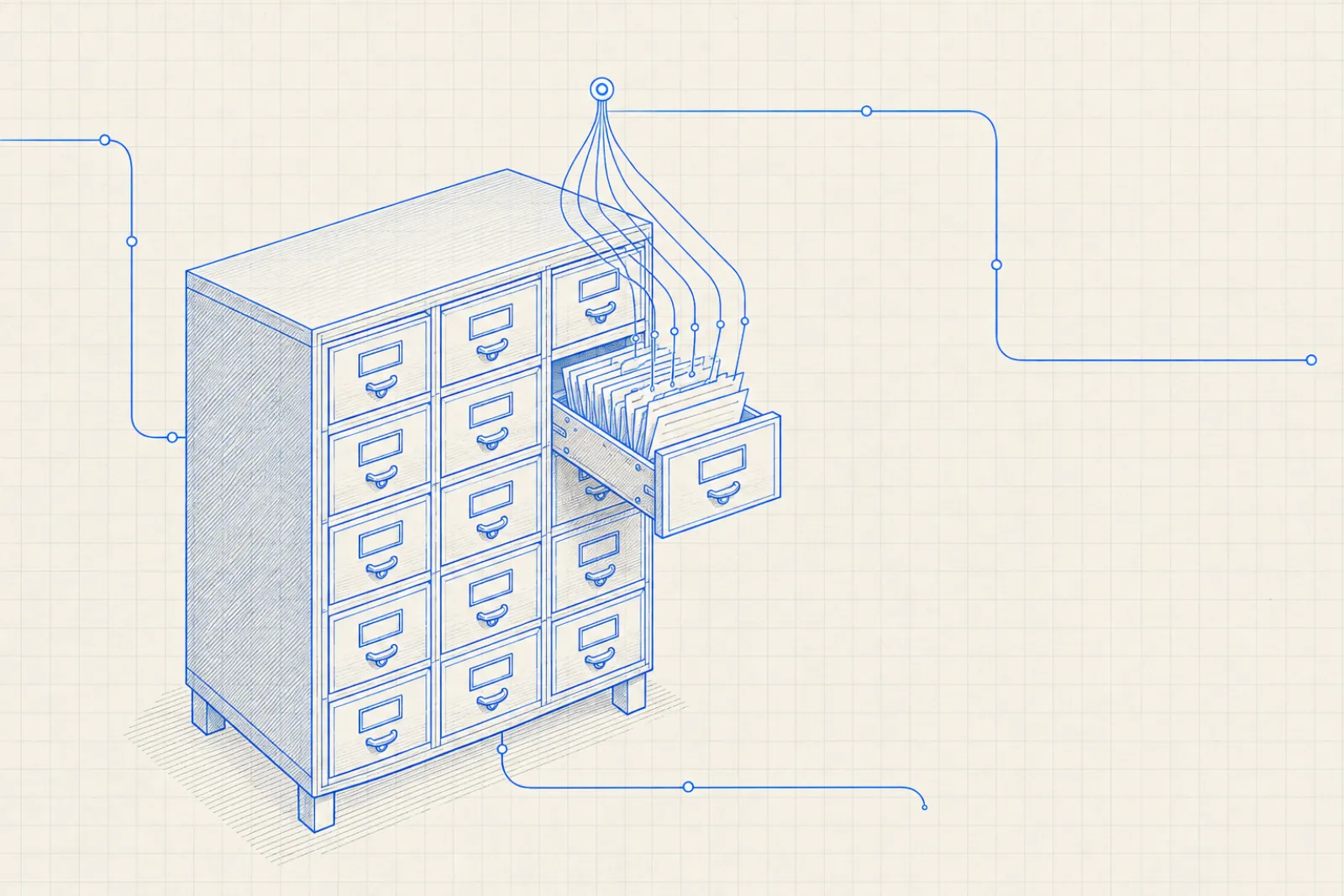 Blueprint of a filing cabinet with one drawer open, cables running out of the folders onto a routing line