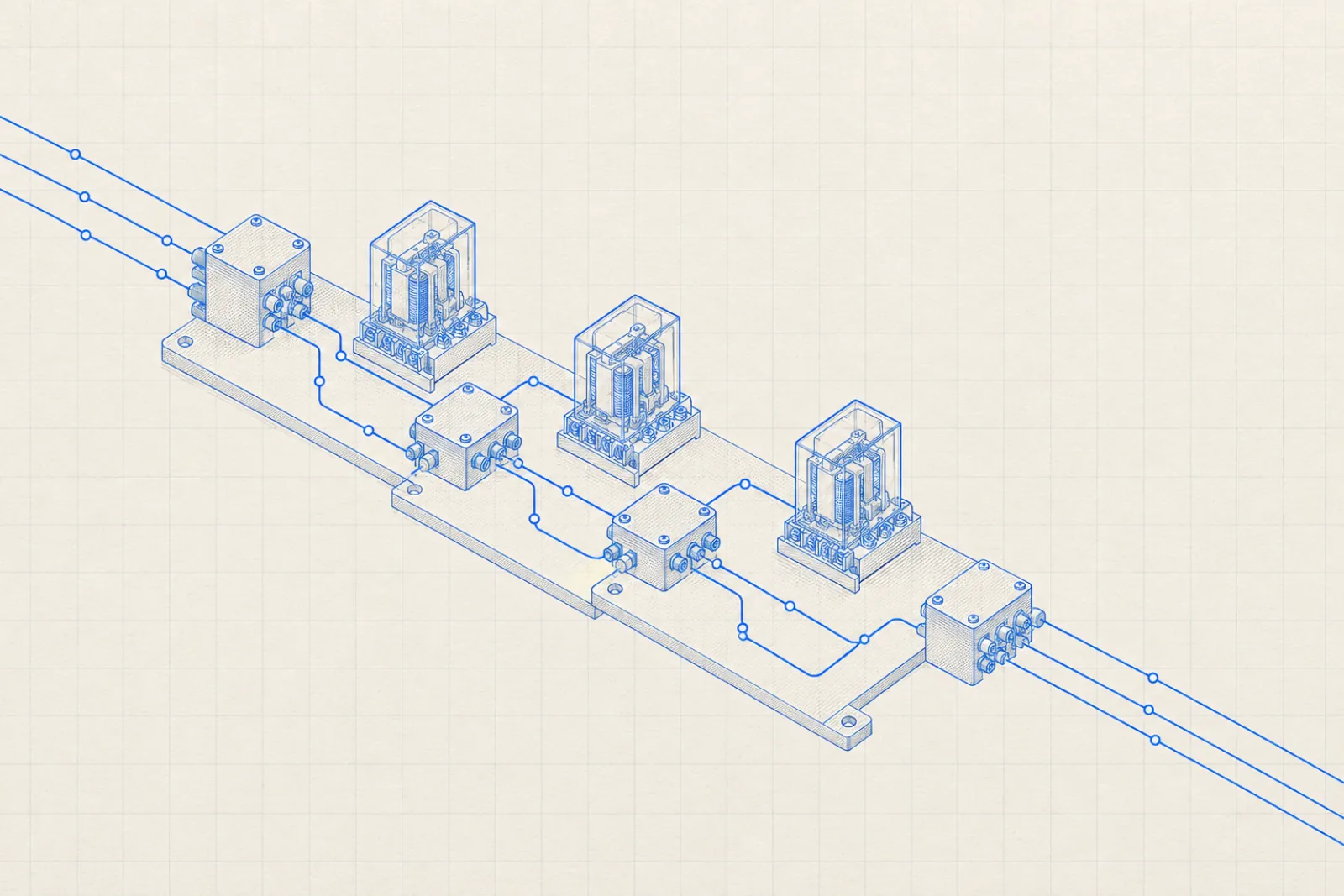 Blueprint of a conveyor rail carrying relay modules wired to each other in sequence