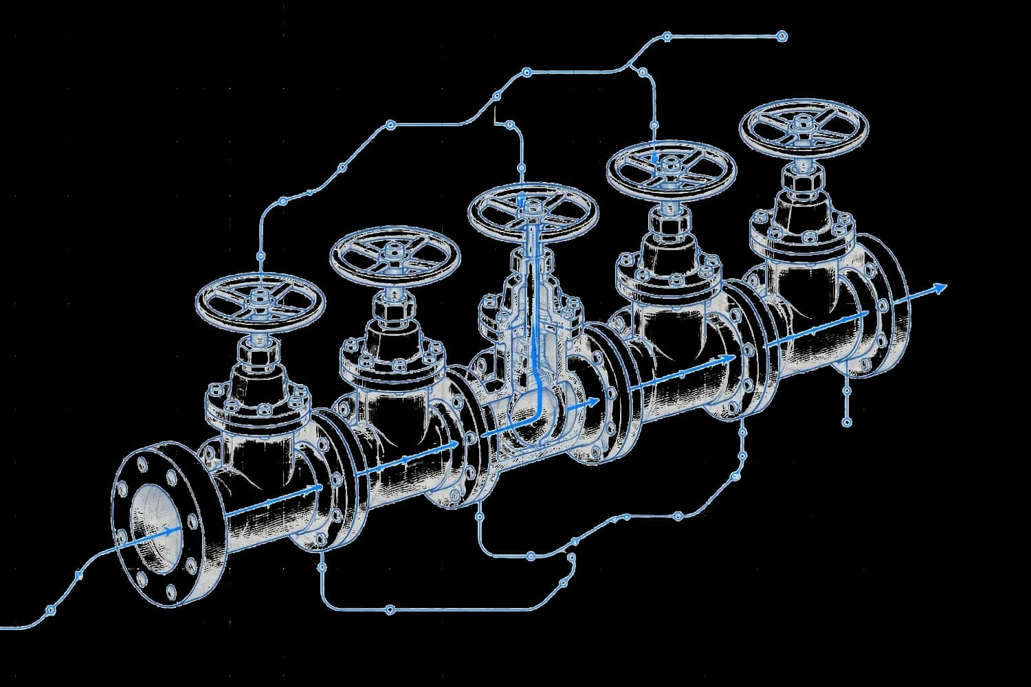 Blueprint of five hand-wheel valves on a single pipe run, each tapped by a routed control line