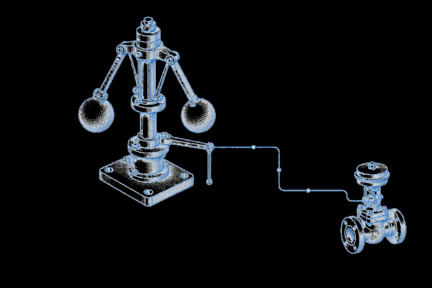 Blueprint of a centrifugal governor whose linkage runs out along a routed line to a separate control valve