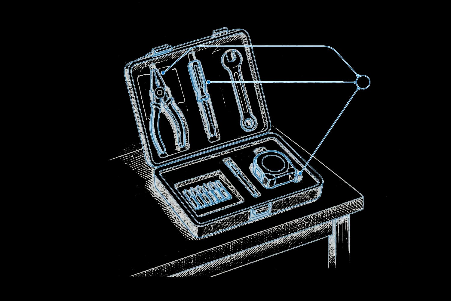 Blueprint of an open tool case on a workbench holding pliers, a screwdriver, a spanner and a tape measure, with one routed line leaving it