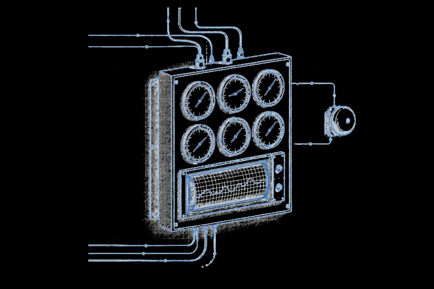 Blueprint of a wall-mounted instrument panel with six dials, a chart recorder and an alarm bell, cabled in from below