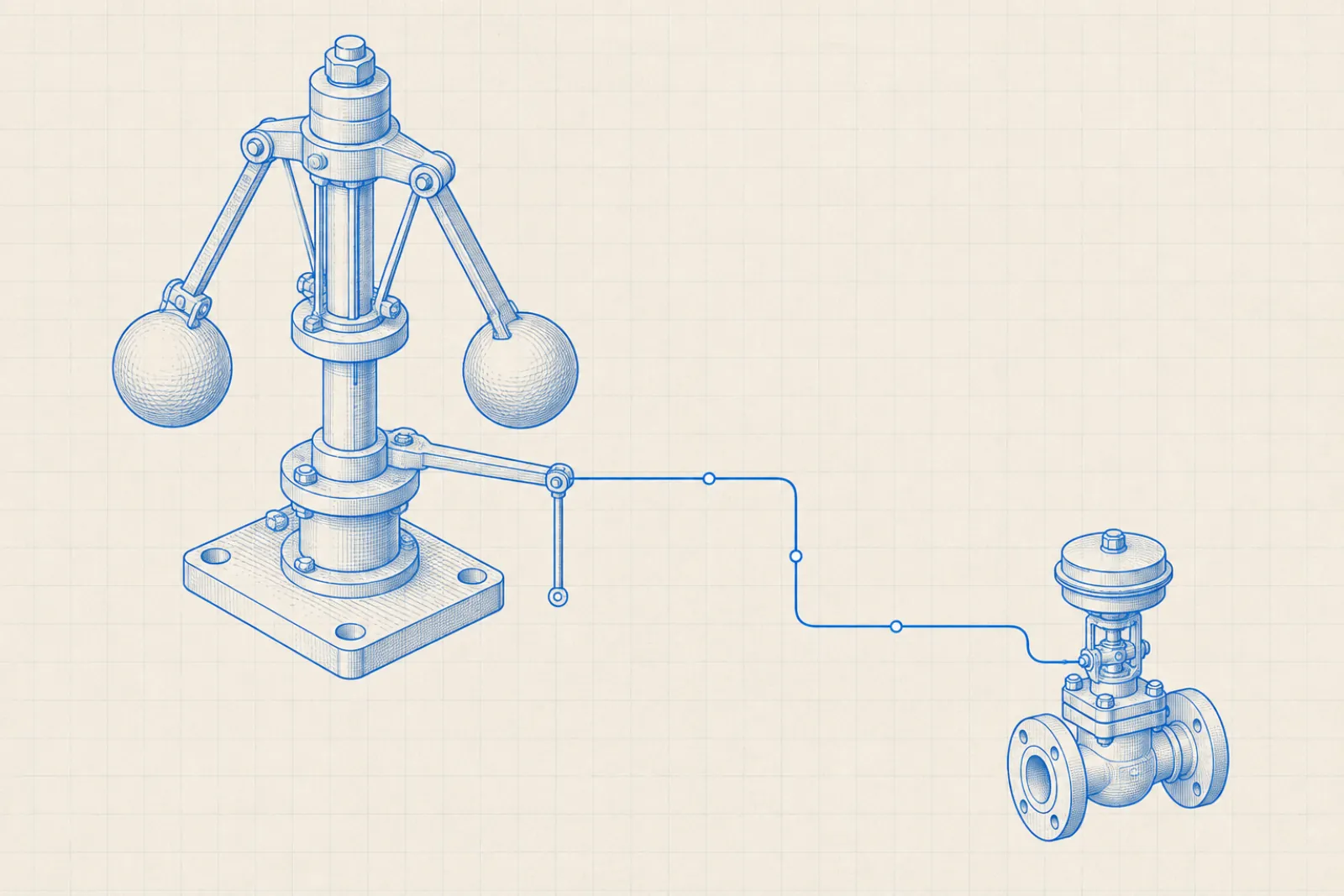 Blueprint of a centrifugal governor whose linkage runs out along a routed line to a separate control valve