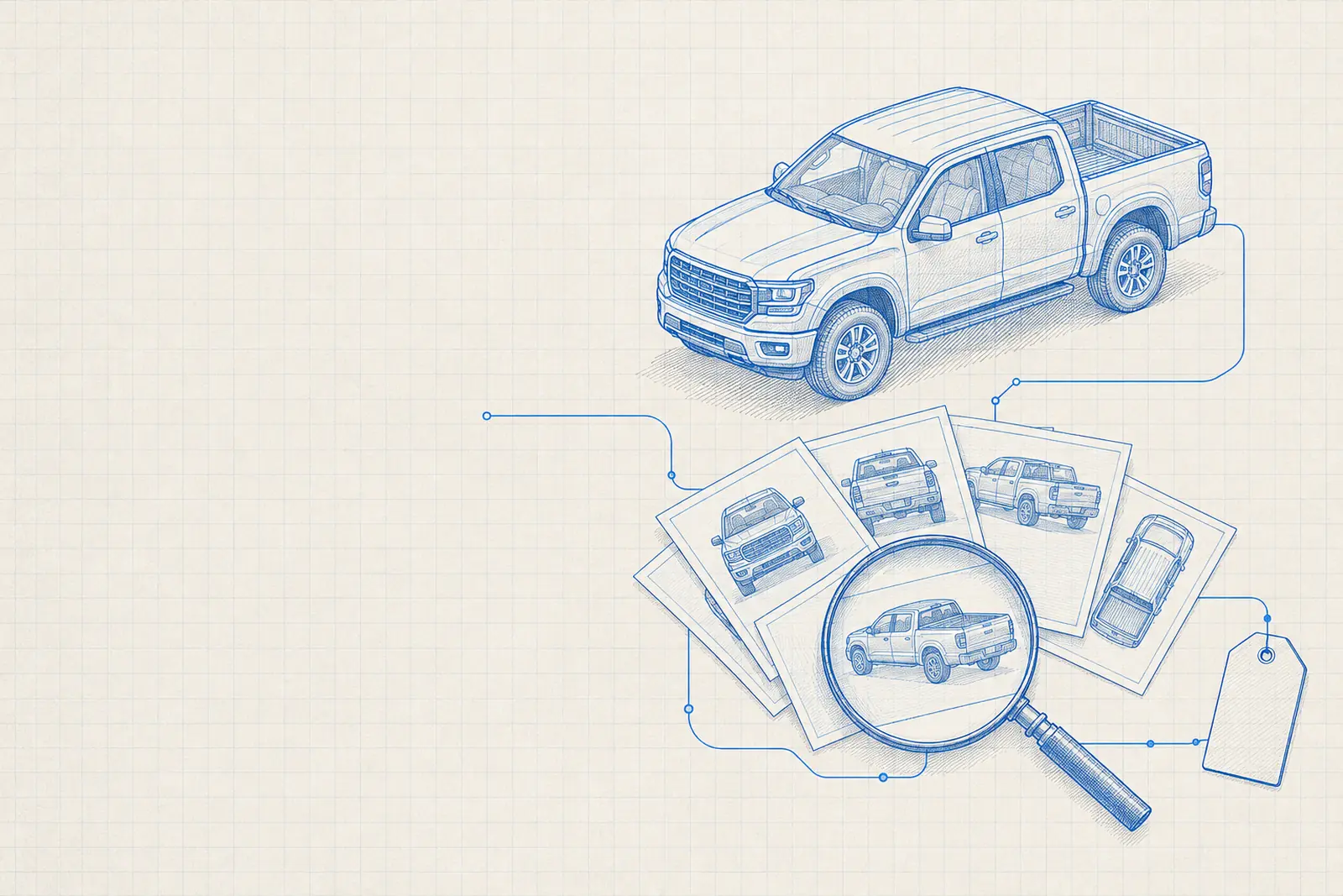 Blueprint drawing of a pickup truck beside a fanned stack of photo prints, a print under a magnifying loupe, routing lines running into a blank price tag