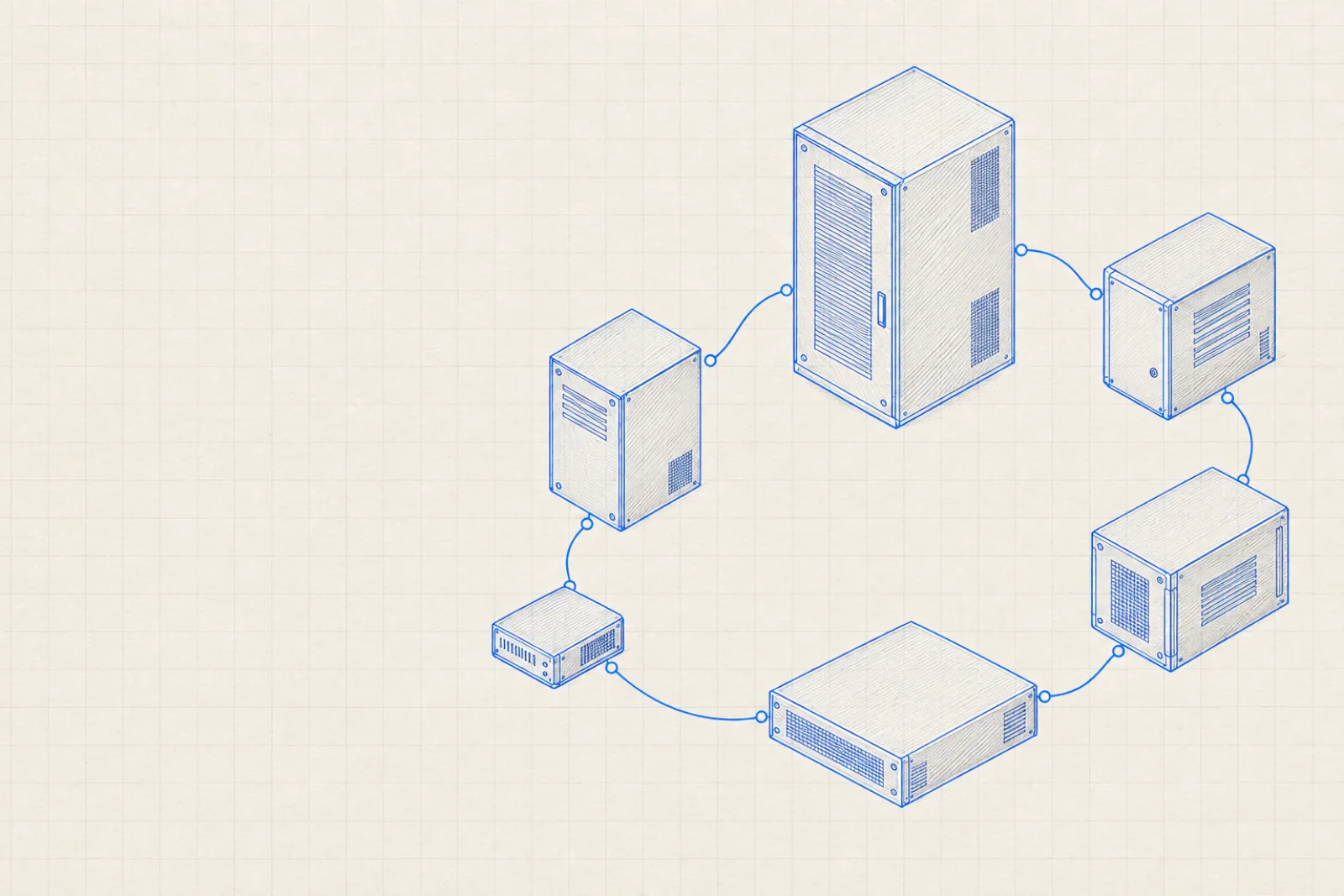 Blueprint drawing of six system enclosures in an arc, joined by one routing line