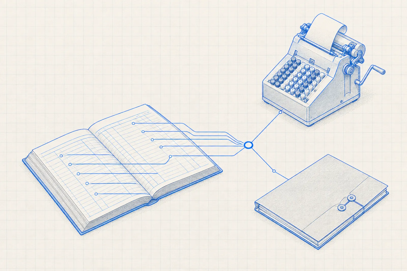 Blueprint of an open ledger book wired to a mechanical adding machine and a closed document folder