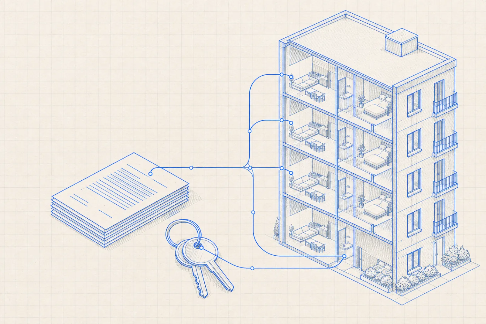 Blueprint cutaway of an apartment building with furnished units, wired to a stack of lease documents and a set of keys