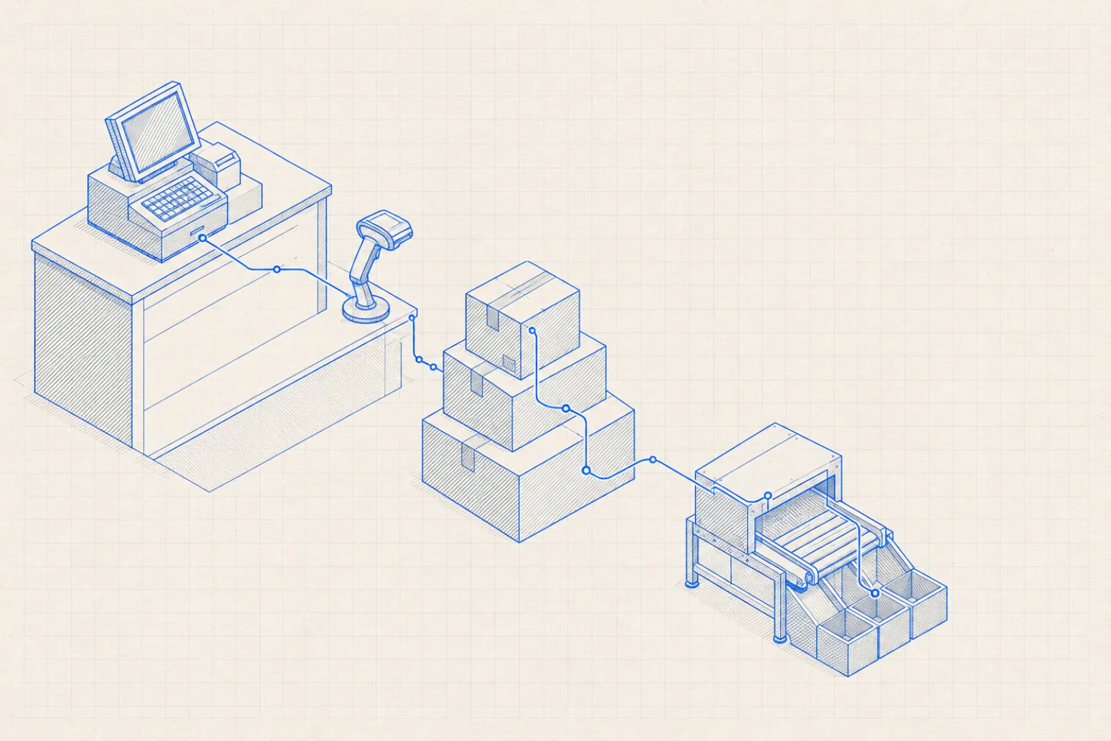 Blueprint of a checkout counter with a till and a barcode scanner, wired to stacked parcels on a packing conveyor