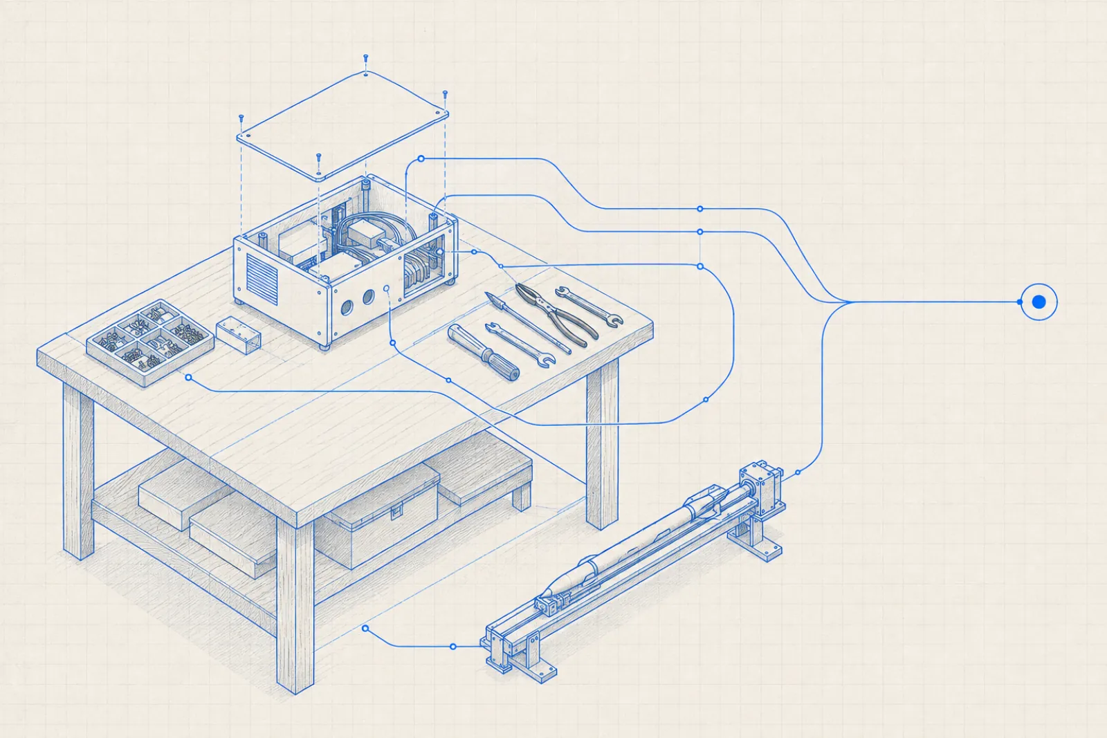 Blueprint of a workbench holding an opened device prototype, hand tools and a parts tray, wired out to a single connection point