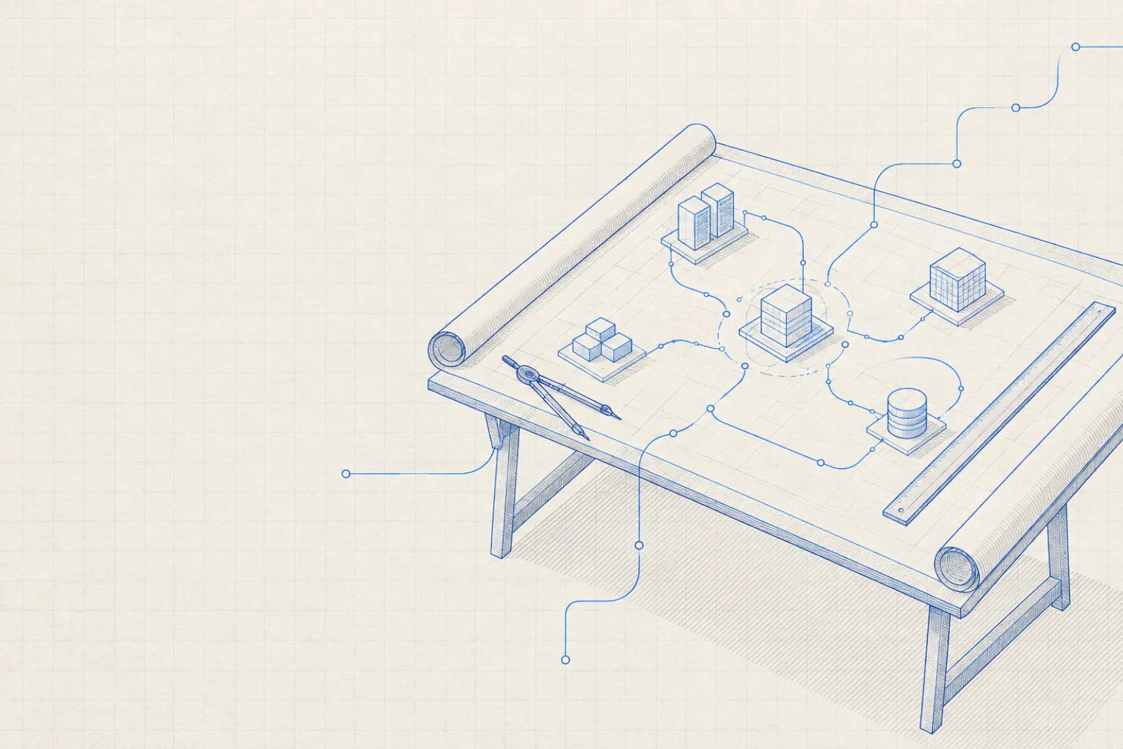 Blueprint of a drafting table holding a rolled plan, a pen and small system blocks joined by routed lines