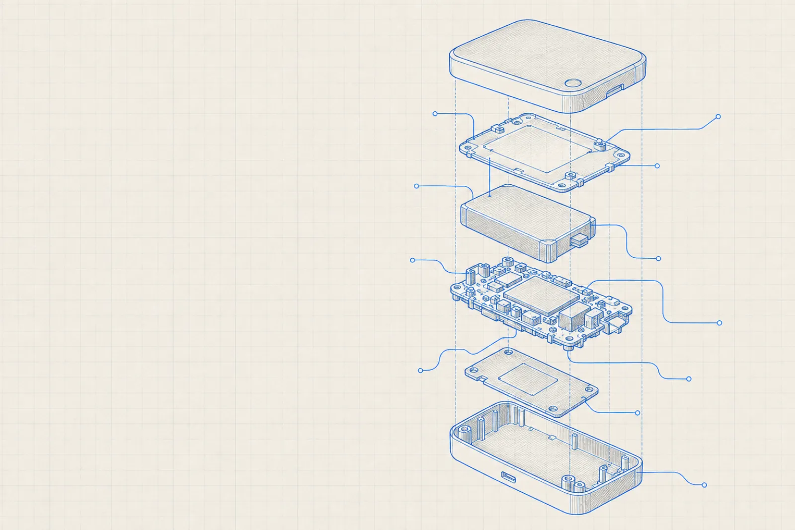 Blueprint exploded view of a device: outer casing, gaskets, circuit board and base tray separated on one axis with leader lines